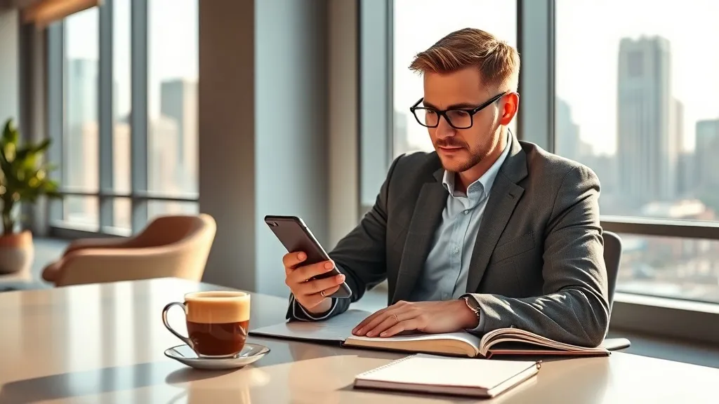 Corretor de imóveis analisando leads no smartphone em escritório moderno com notebook e café