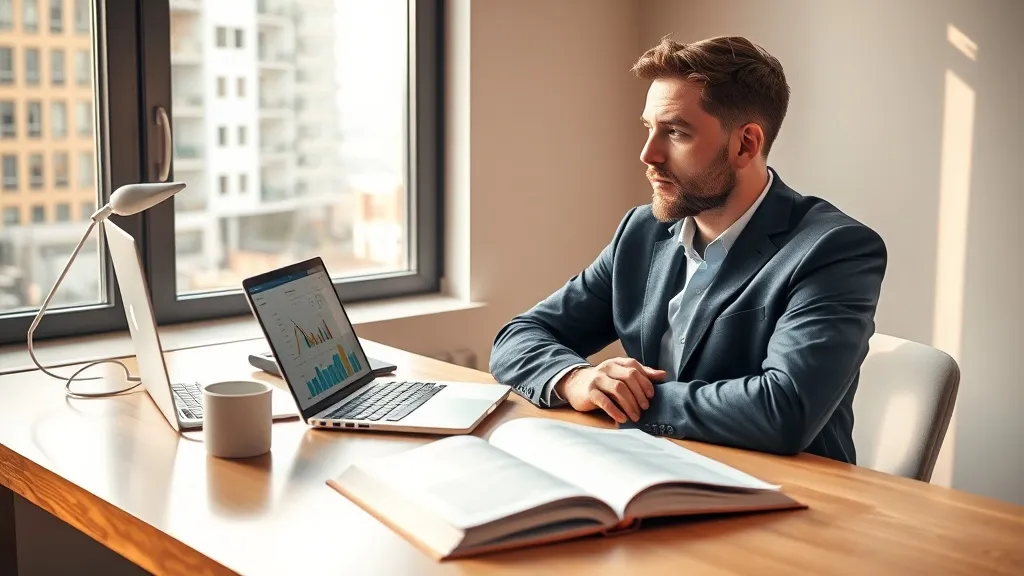 Corretor de imóveis analisando dashboard de CRM em laptop com expressão pensativa