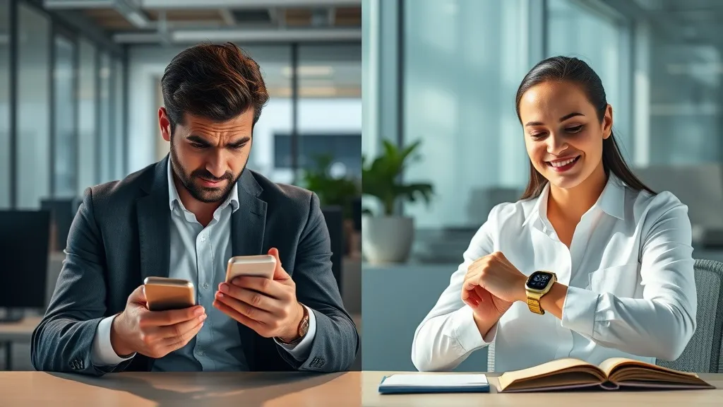 Comparação entre um corretor frustrado com notificações caóticas no celular e um corretor confiante recebendo um lead de forma organizada no smartwatch.