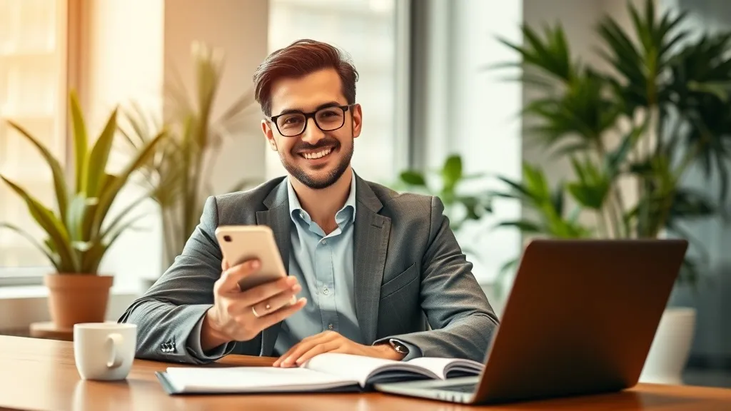 Corretor de imóveis recebendo notificação de lead no smartphone em escritório moderno, expressão de prontidão e satisfação
