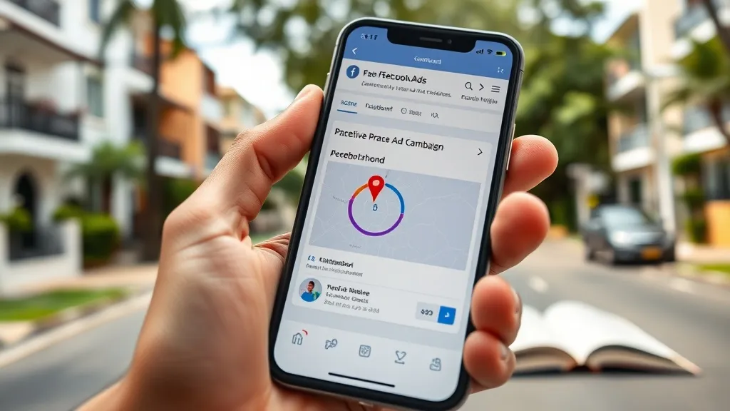 Smartphone com tela de anúncio do Facebook mostrando segmentação por raio geográfico em bairro residencial