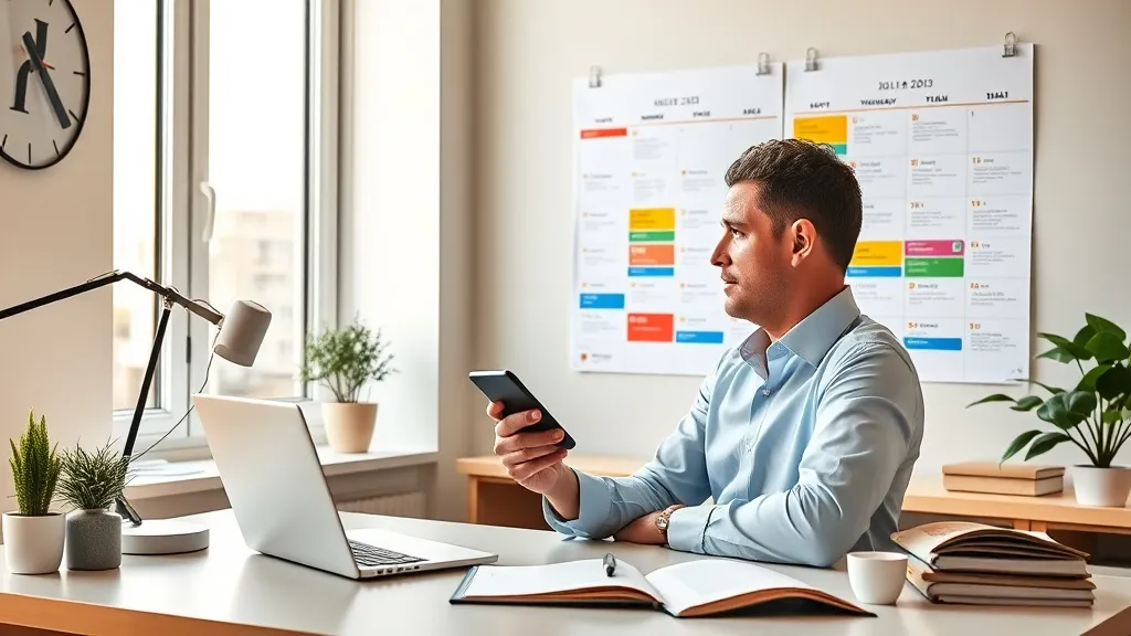 Corretor de imóveis em home office organizado, olhando para calendário semanal com blocos de tempo coloridos, segurando celular e café, luz natural da manhã