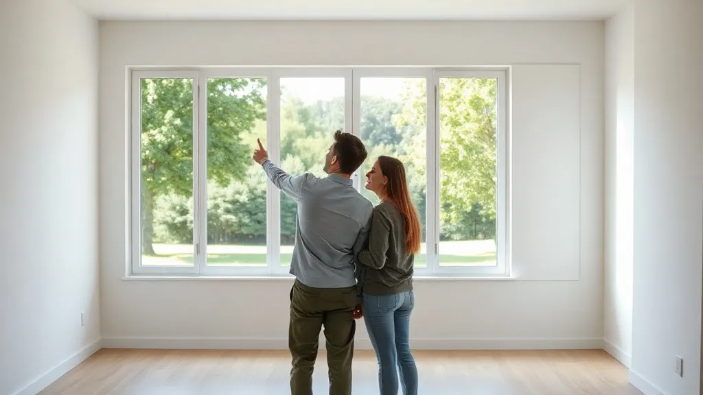 Casal visitando um apartamento iluminado com vista para o parque, demonstrando satisfação e descoberta durante a visita.