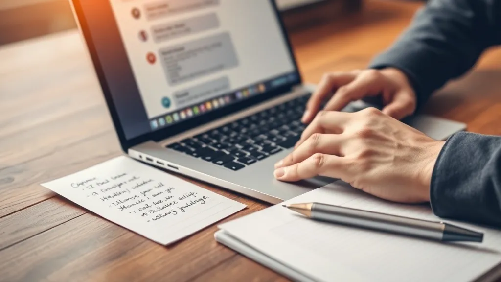 Mãos de corretor digitando em laptop com anotações manuscritas ao lado, representando ajuste fino de prompt de IA
