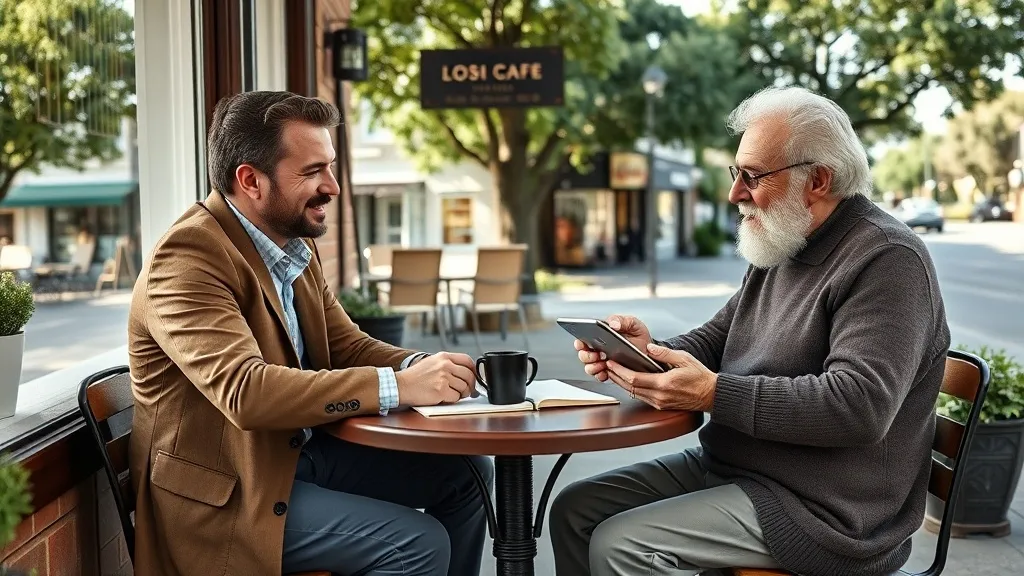 Corretor imobiliário entrevistando morador antigo em café de bairro, com caderno e celular sobre a mesa