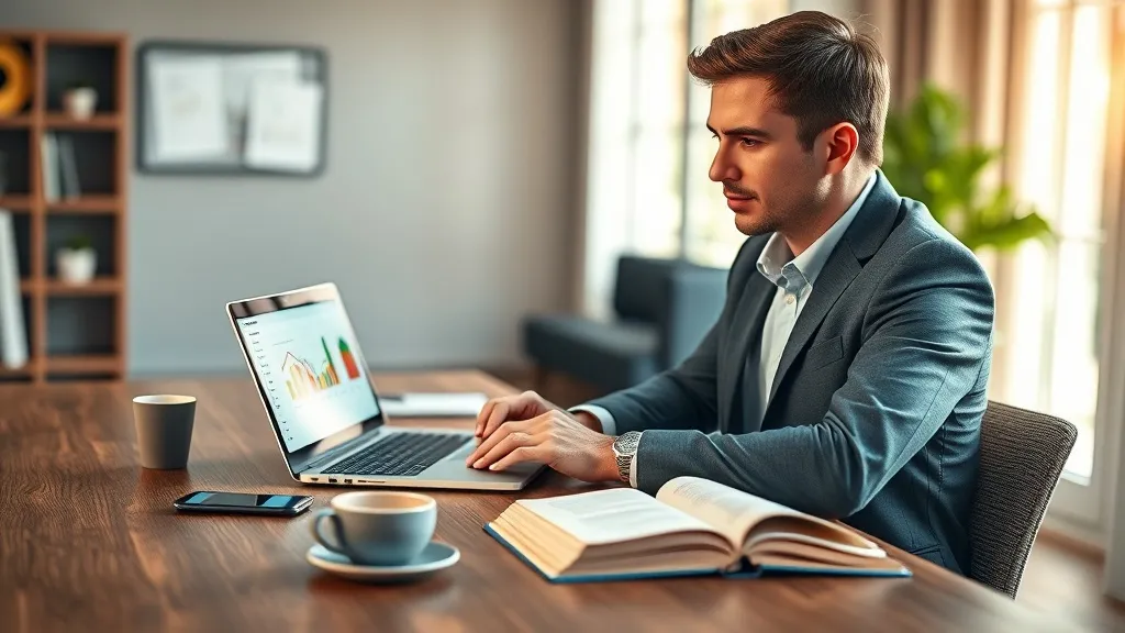 Corretor de imóveis analisando gráficos de ROI em laptop em escritório moderno com luz natural