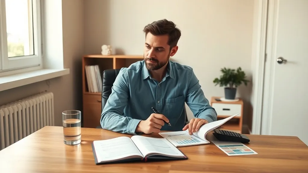 Corretor de imóveis em home office, organizando finanças com caderno e calculadora, luz natural suave