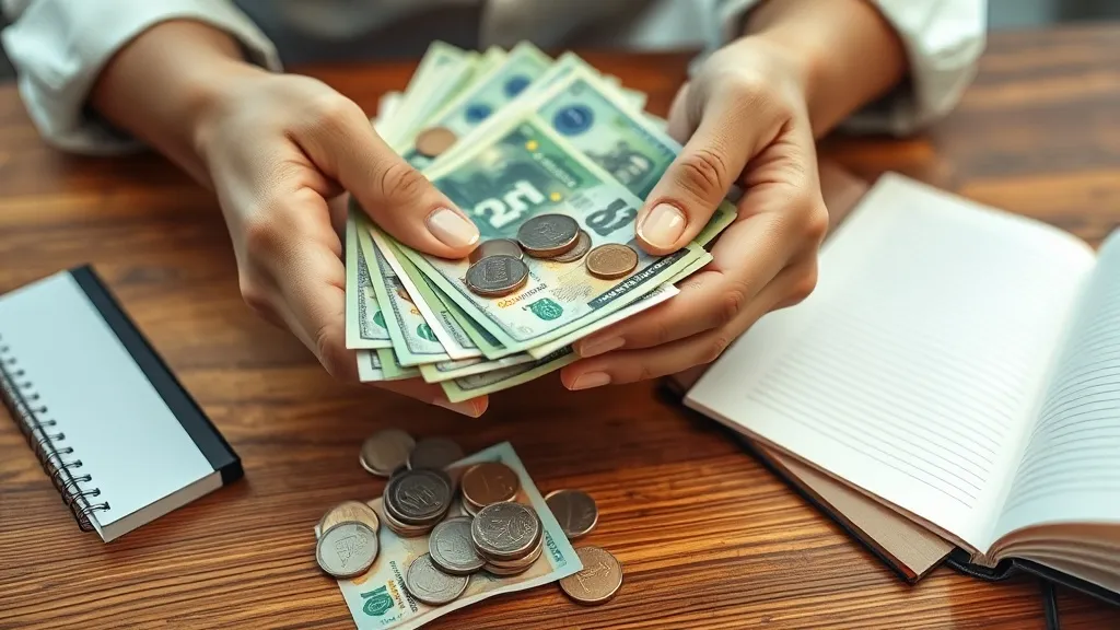 Mãos separando cédulas e moedas de real sobre mesa de madeira, simbolizando reserva financeira