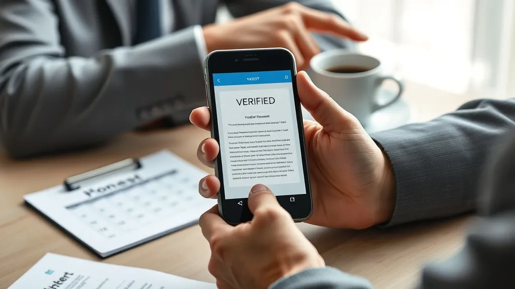 Mão de corretor segurando celular com documento e apontando para calendário, com cliente ao fundo, simbolizando verificação de prazo e transparência.