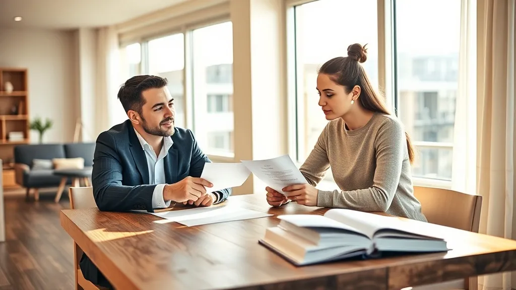 Corretor imobiliário sentado à mesa com casal em apartamento claro, apontando para documento enquanto ambos refletem, transmitindo confiança e transparência na negociação.