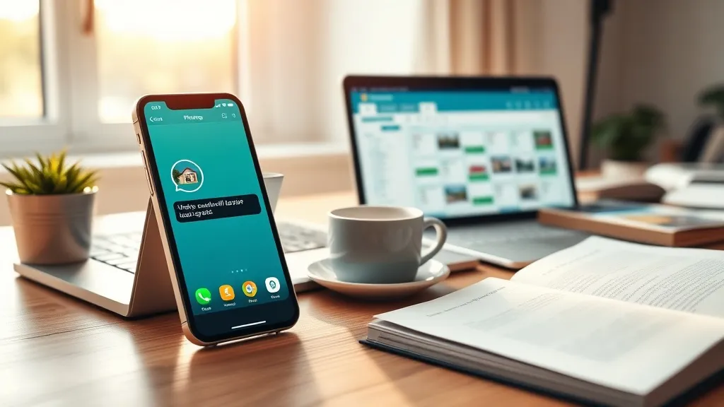Mesa de corretor de imóveis com celular exibindo notificação do WhatsApp ao lado de notebook com dashboard de CRM imobiliário organizado.
