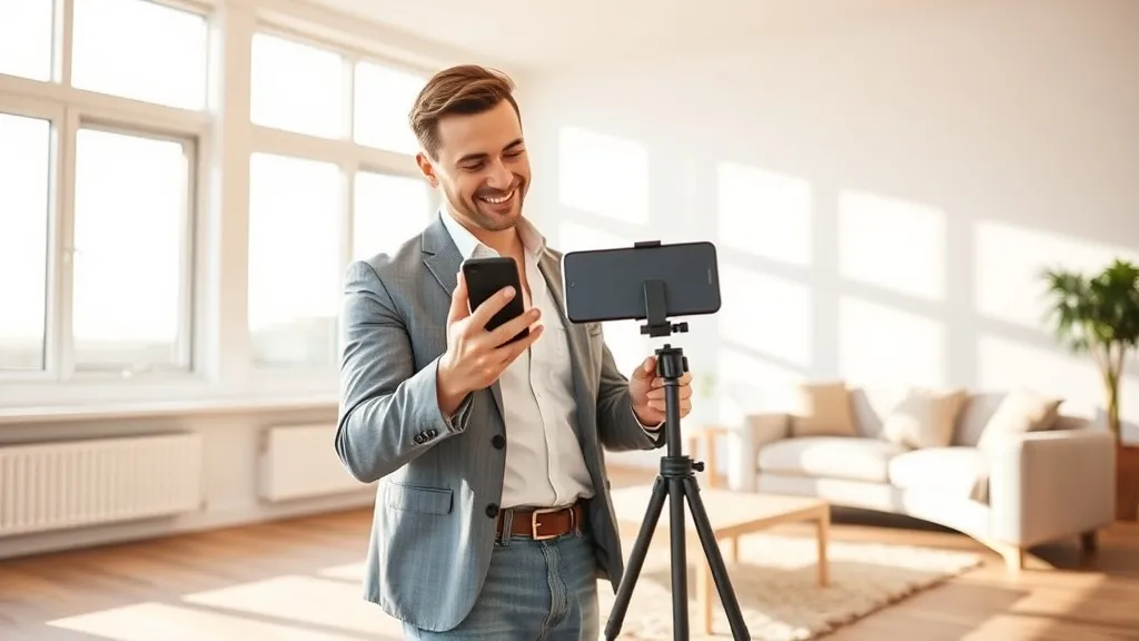 Corretor de imóveis sorrindo enquanto usa smartphone em tripé para criar tour virtual em sala iluminada