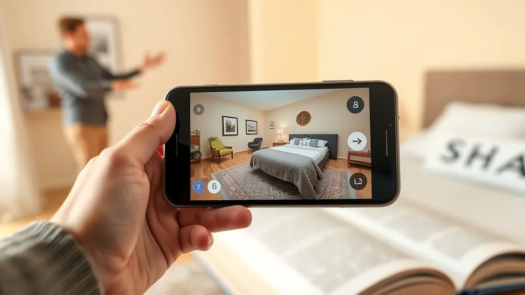 Smartphone exibindo interface de tour virtual 360 graus de um quarto, com mão segurando e corretor ao fundo
