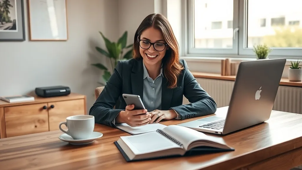 Corretor imobiliário sorrindo enquanto envia mensagem personalizada no smartphone, com caderno de anotações e café na mesa