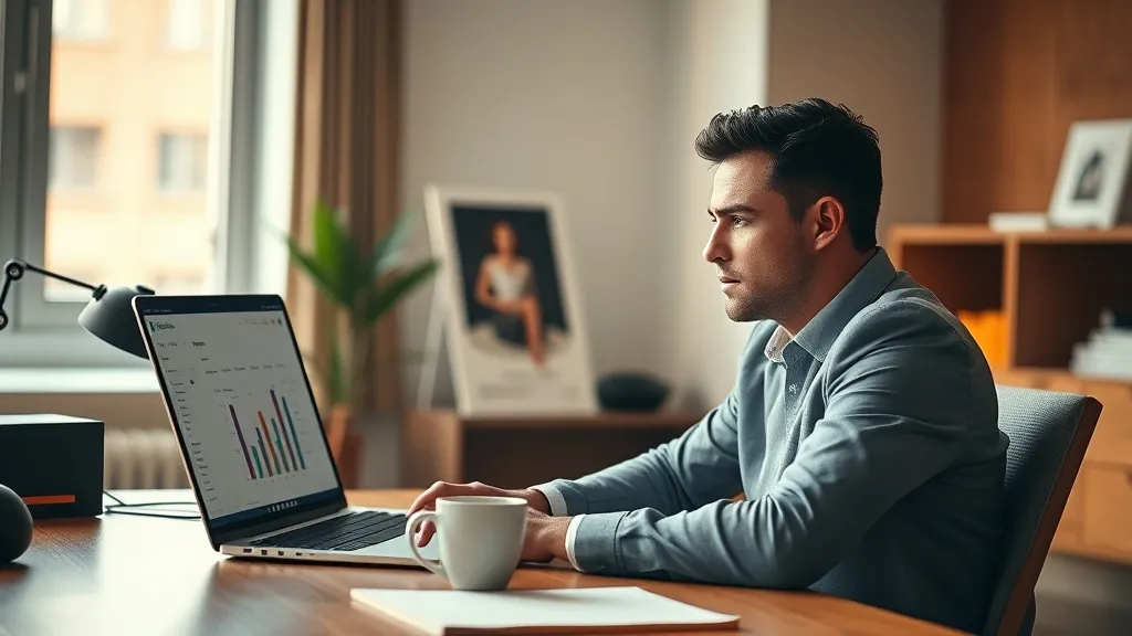 Corretor imobiliário analisando sistema de gestão em notebook em escritório moderno com luz natural