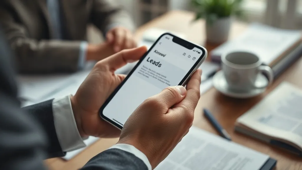 Mãos de corretor segurando smartphone com notificação de lead em mesa de escritório
