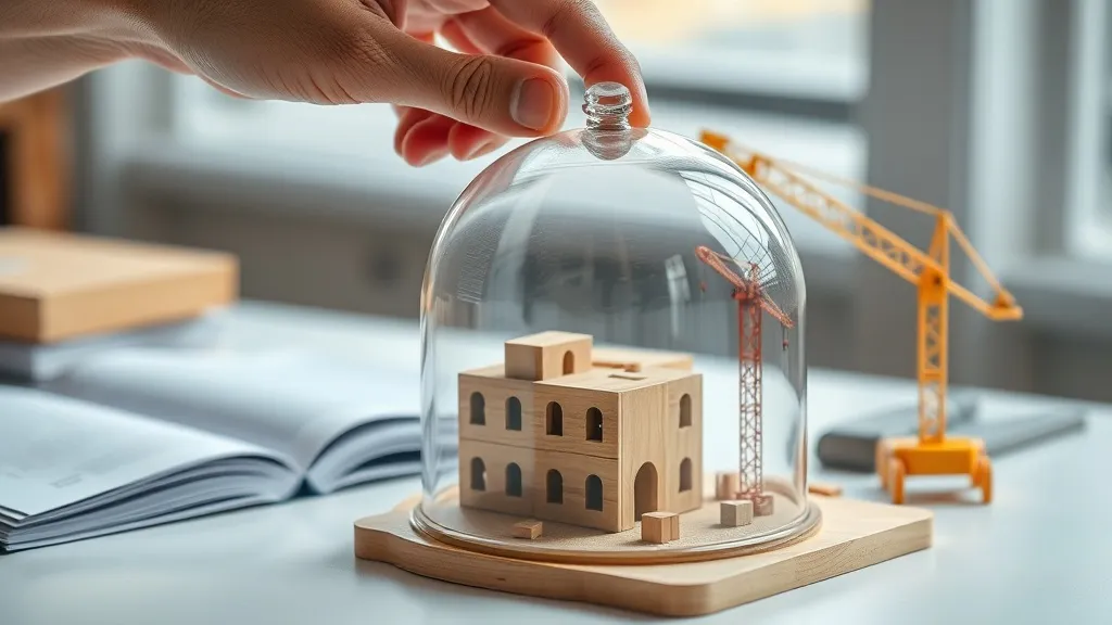 Mão colocando uma redoma de vidro protetora sobre um modelo de obra em miniatura, simbolizando segurança jurídica.