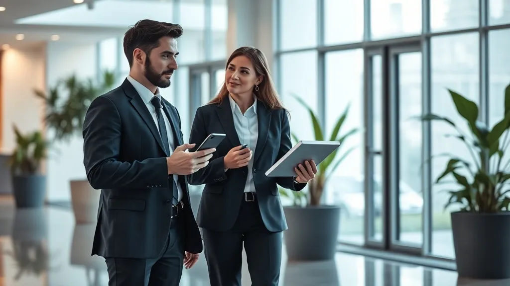 Dois profissionais de negócios conversando em lobby corporativo moderno, representando conexão e confiança no mercado imobiliário B2B.