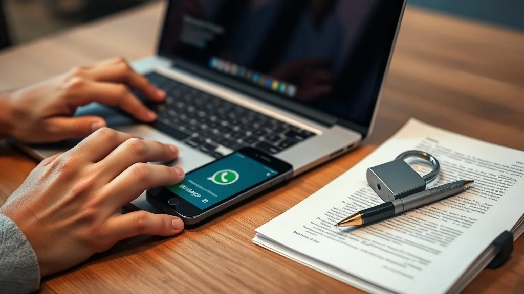 Mãos de corretor digitando em laptop ao lado de celular com WhatsApp e cadeado sobre documento, representando segurança digital na imobiliária