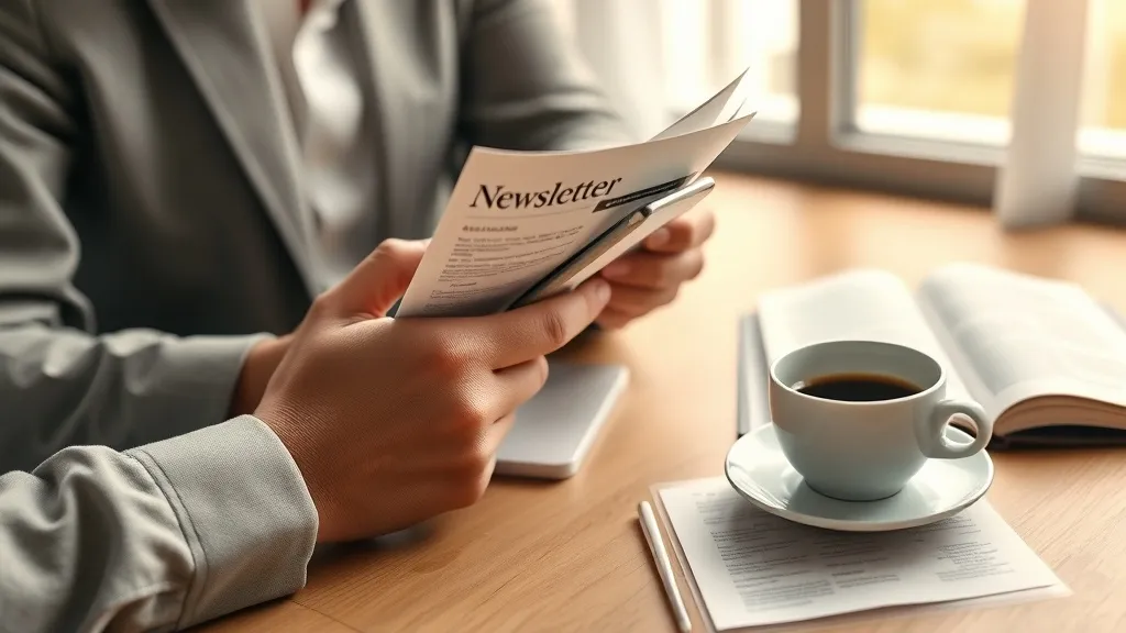 Mãos de corretor segurando newsletter impressa e smartphone em mesa de madeira, com café, transmitindo leitura seletiva e foco