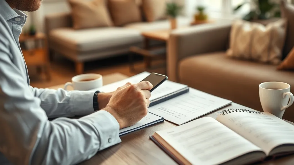 Corretor de imóveis em casa revisando anotações e checklist em um caderno, com smartphone e café, demonstrando organização e planejamento do funil de vendas.