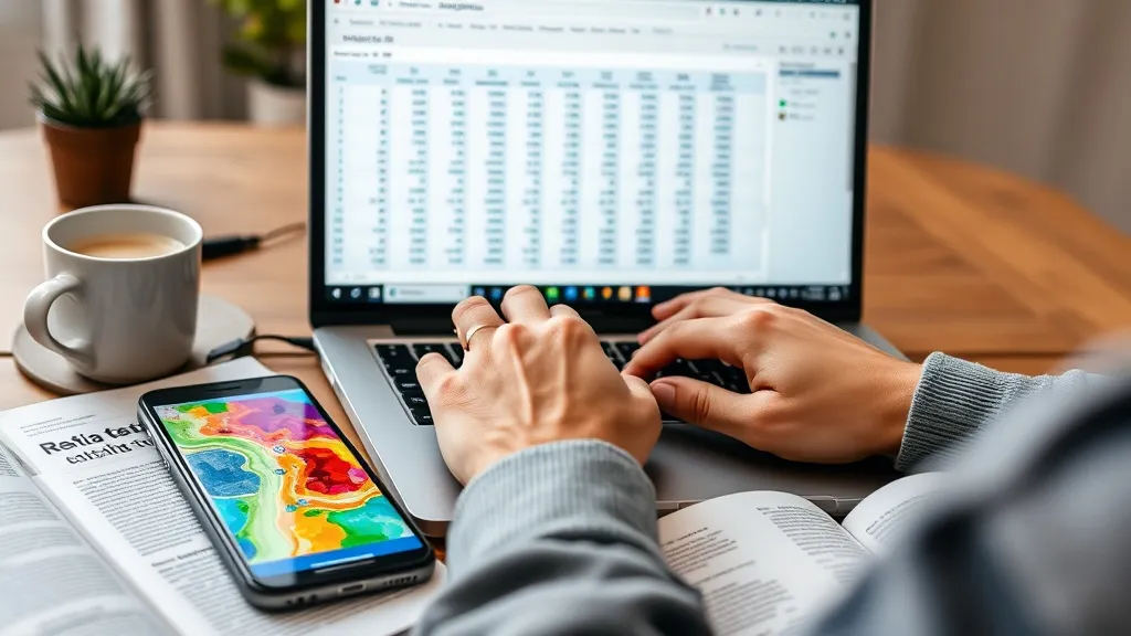 Mãos de um corretor analisando dados de fontes abertas em um laptop e um mapa de calor imobiliário no celular.