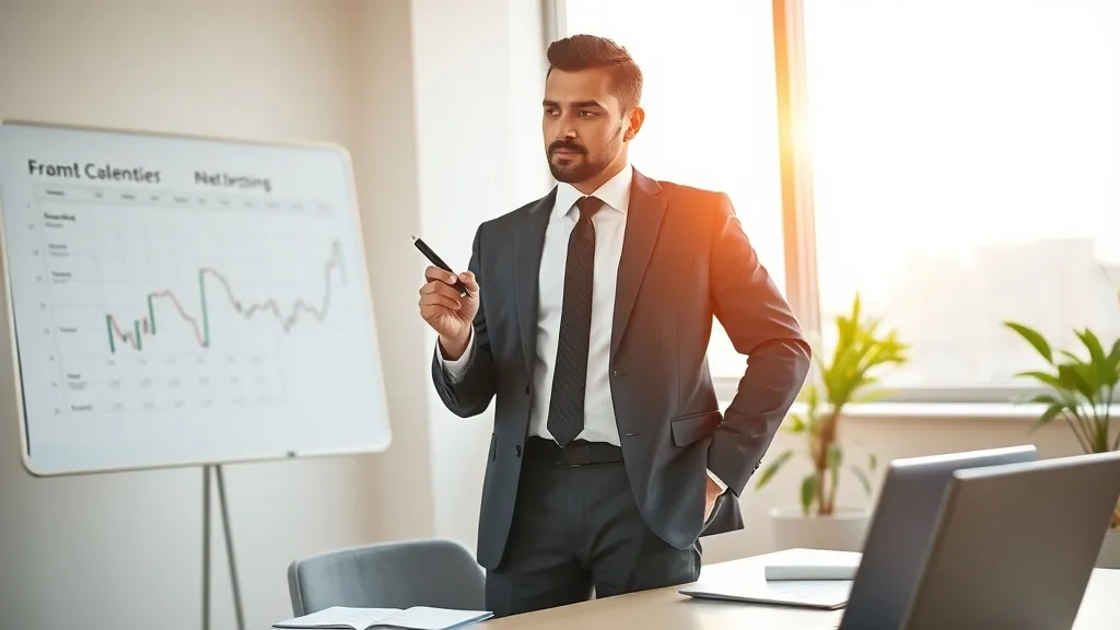 Corretor de imóveis confiante em escritório moderno, olhando para quadro com projeções financeiras, simbolizando o planejamento para abrir a própria imobiliária.