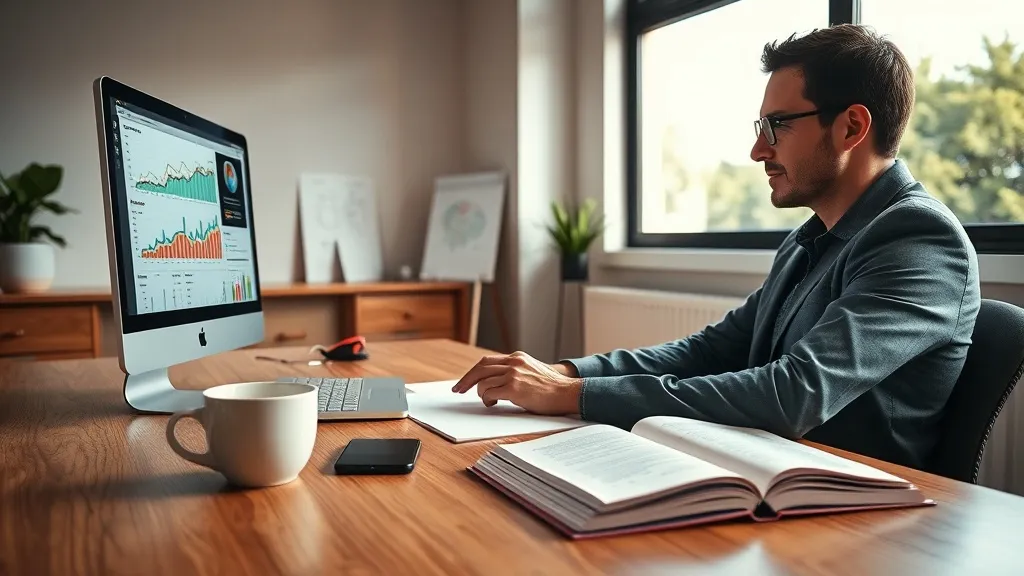 Corretor analisando dados de marketing imobiliário em laptop com gráficos e relatórios