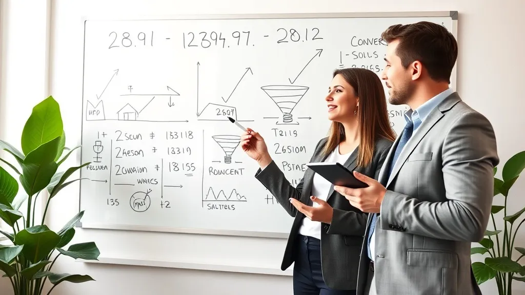 Equipe de marketing imobiliário analisando funil de conversão e métricas em quadro branco