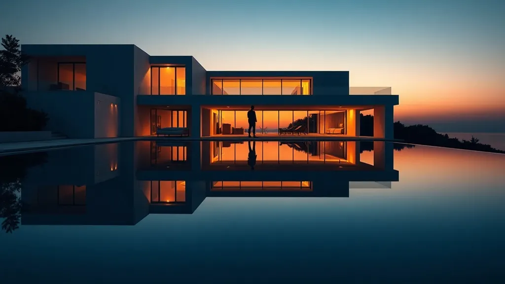 Reflexo de mansão moderna em piscina infinita ao entardecer, simbolizando discrição e legado no mercado de luxo.