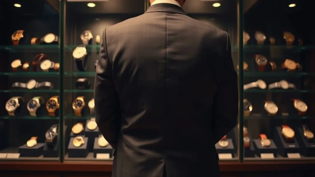 Colecionador observando relógios vintage em vitrine iluminada, representando a análise silenciosa de valor e legado.