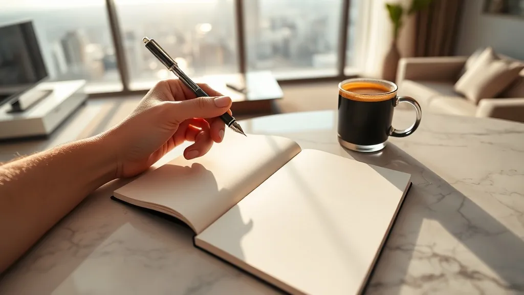Mãos de uma pessoa em reflexão com uma caneta-tinteiro sobre um caderno em branco, com uma vista panorâmica da cidade ao fundo, representando a psicografia do comprador de luxo.