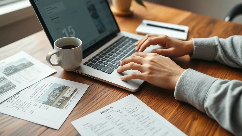 Mãos de um corretor digitando em laptop ao lado de café e anotações de imóveis, simbolizando a preparação e limpeza de dados.