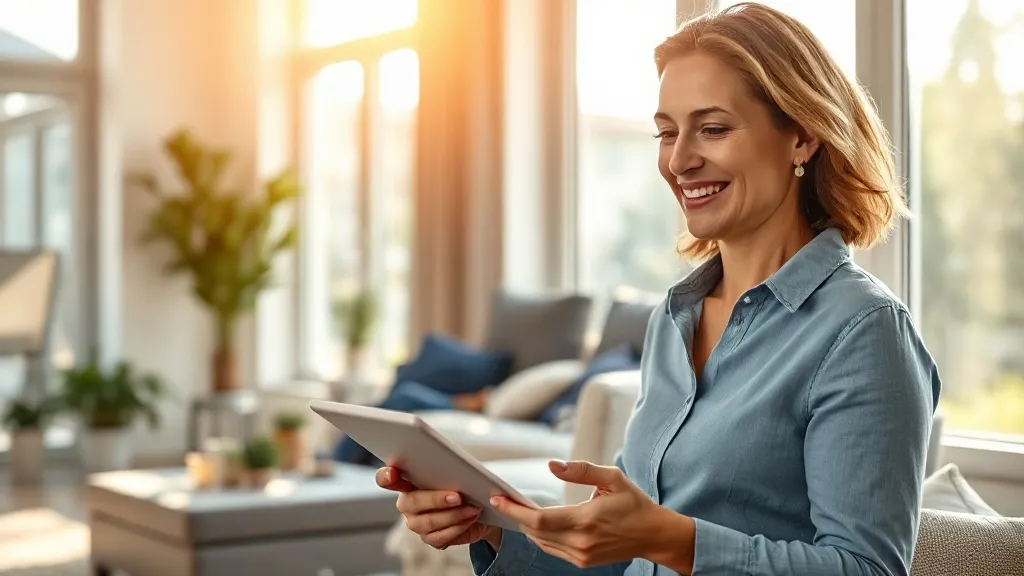Corretor de imóveis sorrindo confiante ao usar tablet com IA em apartamento iluminado, representando clareza na tomada de decisão.