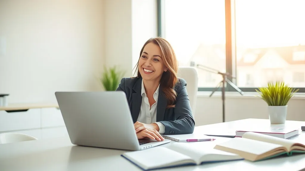 Corretor de imóveis sorri esperançoso ao ver uma notificação de lead quente no laptop em um escritório iluminado.
