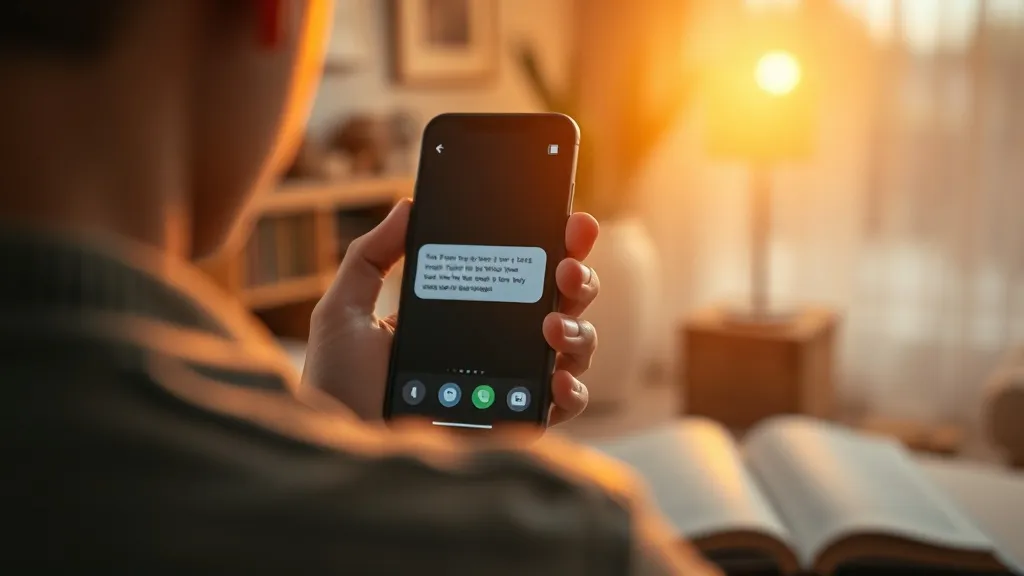 Mão segurando um smartphone em uma sala aconchegante ao amanhecer, sugerindo o recebimento de uma mensagem no timing ideal.